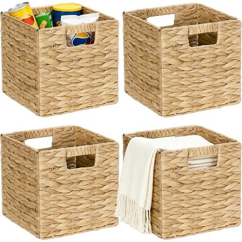 WEAVELYRICS Water Hyacinth Storage Baskets 9in, 4 Pack Wicker Storage Cubes with Handles, Foldable Natural Woven Baskets for Shelves Closet Bathroom, Handmade Organizer Bins