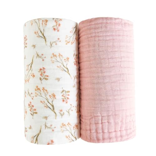 Ultra Soft Muslin Baby Blanket Pack of 2 Cotton Muslin Swaddle Bed Blankets for Infant Babies and Toddlers Girls Newborn 43"X43" (Floral and Pink)