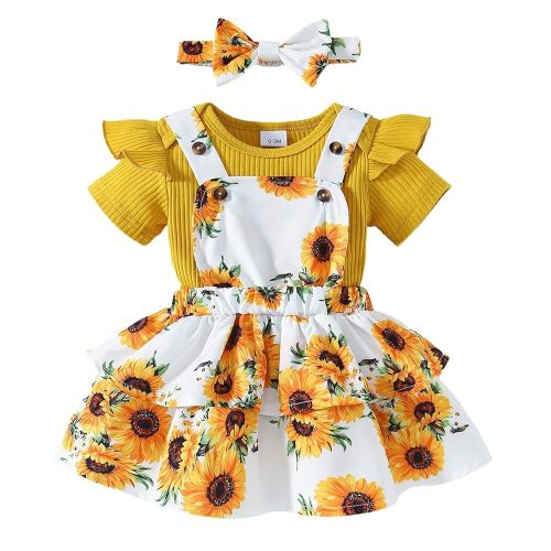 Baby Girl Summer Clothes Newborn Outfit Ruffle Romper Adjustable Suspender Overall Dress Bow Headband 0-24 Months