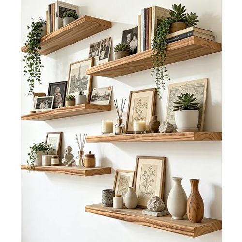 17 Inch Rustic Wood Floating Shelves Farmhouse Wooden Wall Shelves for Bathroom Bedroom Living Room Kitchen Office Set of 6 Light Brown