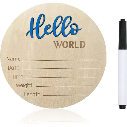 Baby Announcement Sign, ​5.9 Inch Wooden Hello World Newborn Signs, Birth Announcement Sign, Baby Shower Hospital Nursery for Newborn Boys and Girls (Blue,Pen)
