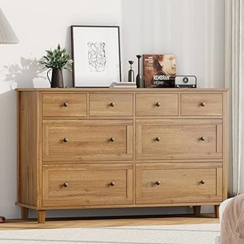 Dresser for Bedroom 8 Drawer Wood Dresser 56.3" Wide, Large Storage Chest of Drawers for Bedroom, Living Room, Hallway, Entryway, Modern TV Stand Drawer Organizer, Natural