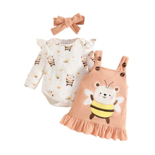 OBEEII Newborn Baby Fall Outfits for Girls Cute Printed Long Sleeve Romper Top Warm Corduroy Straps Dress with Headband 3Pcs Set