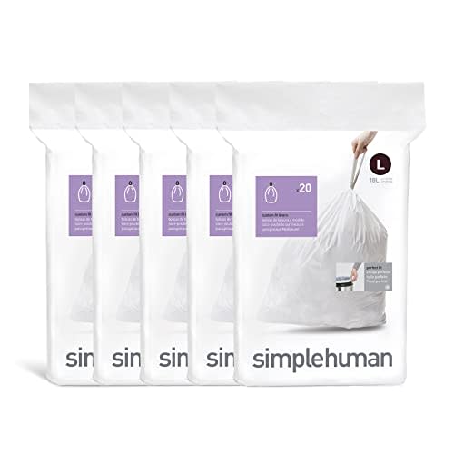 simplehuman Code L 100 Count, Genuine Custom Fit Liners, Drawstring Trash Bags in Dispenser Packs, 18 Liter / 4.7 Gallon, White