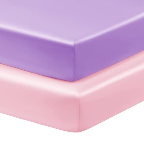 Horbaunal 2 Pack Satin Crib Sheets for Baby with Sensitive Hair, 52" x 28" x 8" Silky Fitted Crib Sheets, Soft Toddler Sheet Baby Mattress Sheet, Blush Pink & Violet