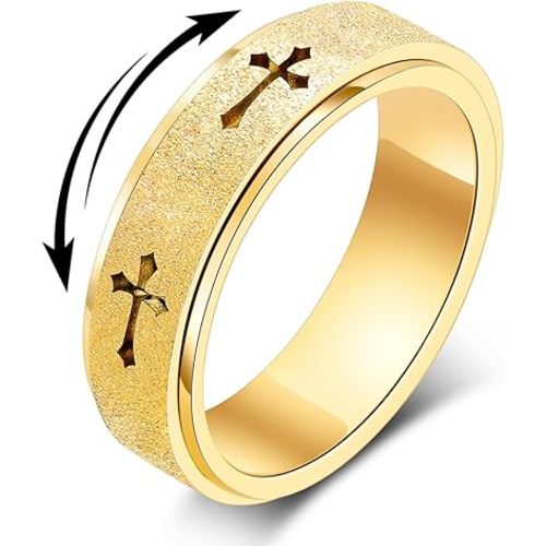 Fidget Toys Adults Spinner Women, Cross Anxiety Relief Stainless Steel Dual Layers Thumb Jewelry Spinning Band Silver Gold Plated Size 6 7 8 9 10 (Gold-Cross, Size 9)