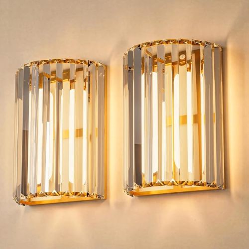 Gold Battery Operated Wall Sconces Set of Two, Crystal Wireless Wall Lights with Remote, Rechargeable Cordless Wall Lamps 12 RGB and 3 CCT Dimmable Decor for Bedroom Living Room Hallway