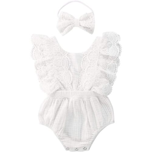 Infant Baby Girl Lace Rompers V-Back Bowknot Bodysuit Cute Newborn Ruffle Clothes White (White, 6-12 Months)