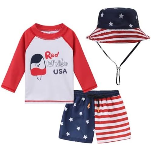 Baby Boys Swimsuit Trunk and Rashguard Set Sun Hat UPF 50+ Toddler Bucket Hat