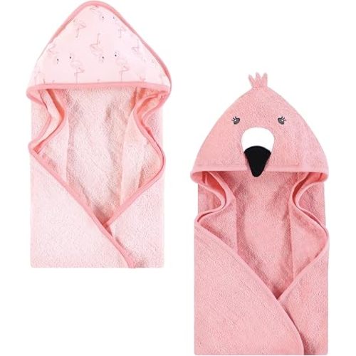 Hudson Baby Unisex Baby Cotton Poly Animal Face Hooded Towel, Pink Flamingo, One Size