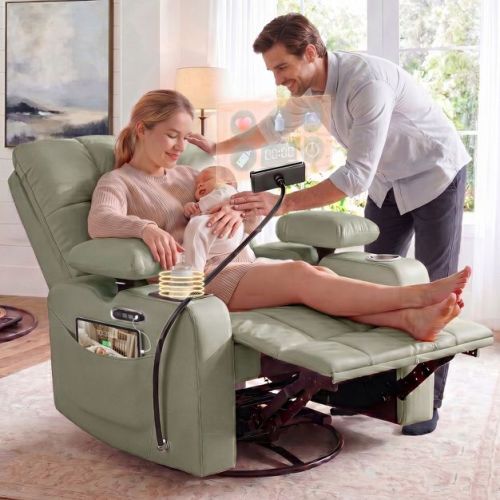 TYBOATLE Smart Power Nursery Glider Recliner with Lumbar Support, Swivel Rocker, Bottle Warmer & Tablet Holder - Sage Green