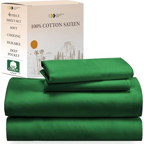 King Size Sheets Set - Natural 100% Cotton Bed Sheets King Size Set With Deep Pockets, Soft Sateen Weave, Breathable, Cooling and Durable Bedding by California Design Den (Emerald Green)