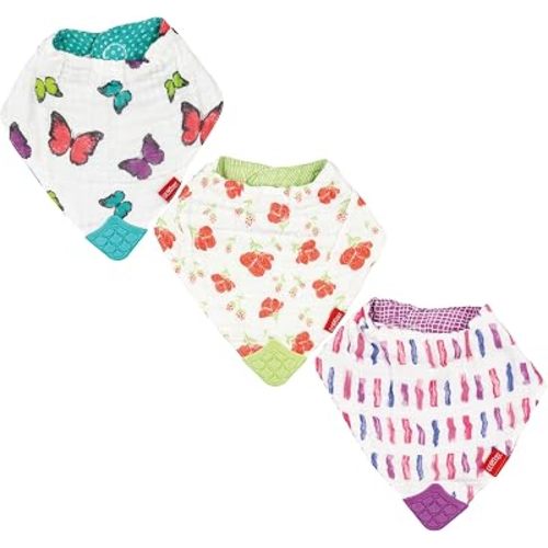 Nuby Reversible 100% Natural Cotton Muslin 3 Piece Teething Bib, Pink, Aqua, Purple, Flower, Butterfly, Stripes, Girl, 3 Count