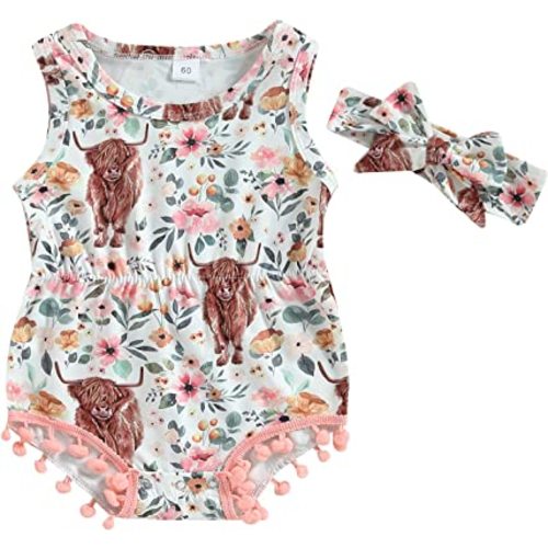 Karuedoo Western Baby Girl Clothes Cow Print Sleeveless Romper Pom Pom Bodysuit One Piece Jumpsuit Outfit with Headband