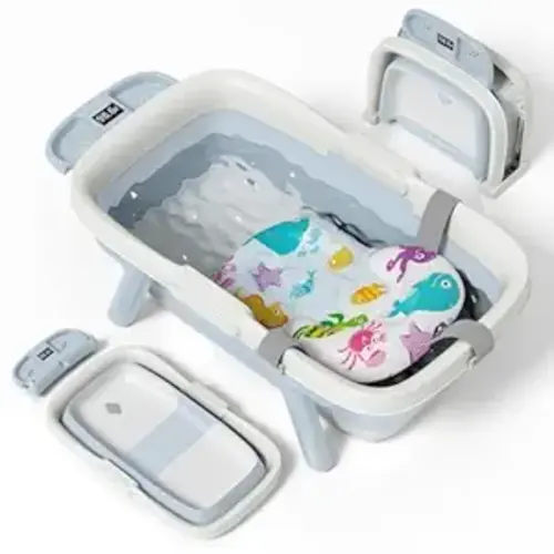 Collapsible Baby Bathtub, Large Baby Tub with Thermometer & Soft Cushion for Newborn to 36-Month Toddler Bathtub,Foldable for Quick Use & Portable for Travel, Baby Bath Gift (Blue)