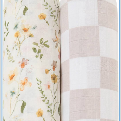LifeTree Muslin Swaddle Blankets for Baby Girl, 2-Pack 70% Viscose from Bamboo and 30% Cotton Large Swaddle Blankets (47" x 47"), Floral & Dusty Pink Checkered