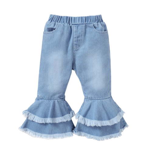 KIMI BEAR Infant Baby Girl Denim Pants 18-24 Months Flared Denim Pants Tassel Jeans Fall Winter Blue