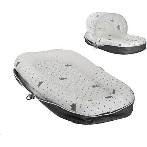 Baby Lounger with Canopy Portable & Foldable 0-12Months-Grey Crown