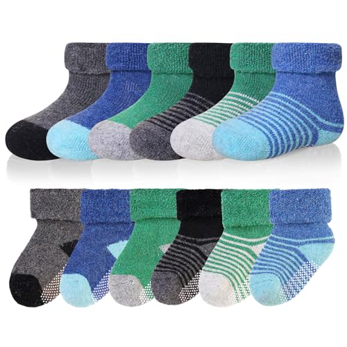 AMENLAN Baby Wool Floor Socks Soft Winter Warm Thick Non slip Toddler Boys Girls Crew Neck Socks 6 pairs