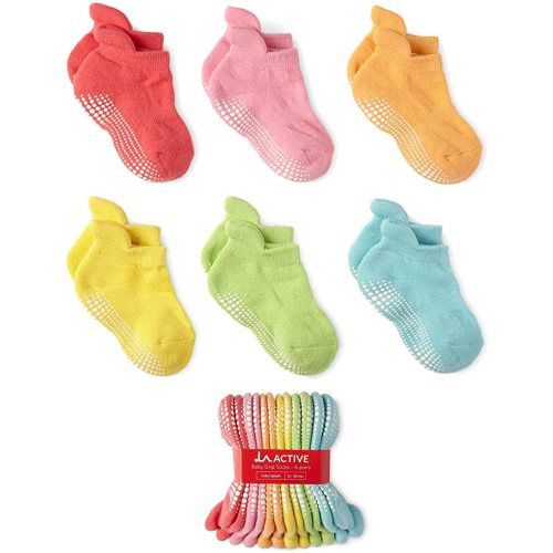 LA ACTIVE Non Slip Grip Ankle Boys and Girls Socks for Babies Toddlers and Kids - 0-3 Months - Color Splash - 6 Pairs