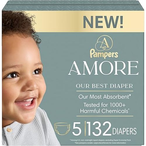 Pampers Amore, Size 5 (20-37 lbs), 132 Count, Our Best Diaper – Hypoallergenic & Fragrance Free, Up to 100% Leakproof, Soft as Cashmere
