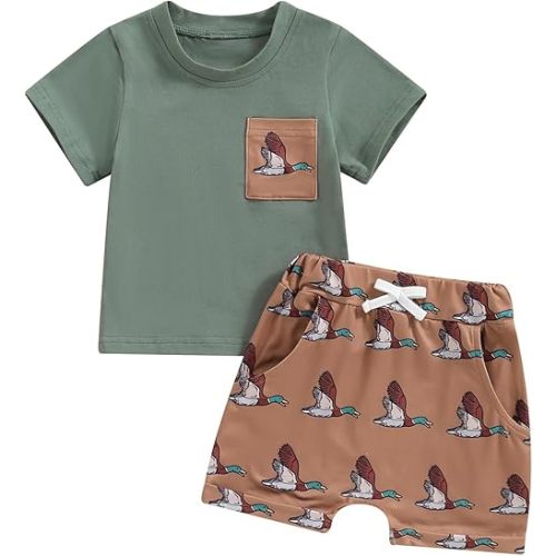 Toddler Baby Boy Summer Clothes Retro Embroidery Duck Hunting Shirts T-Shirt + Elastic Camouflage Shorts Set