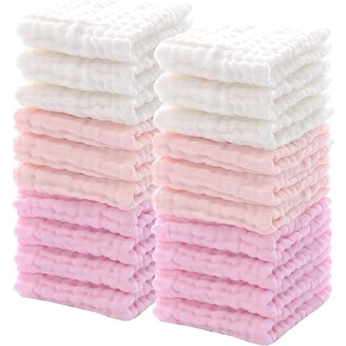 20 Pcs Baby Muslin Washcloth 12x12 in, Powder Pink, White, Pink