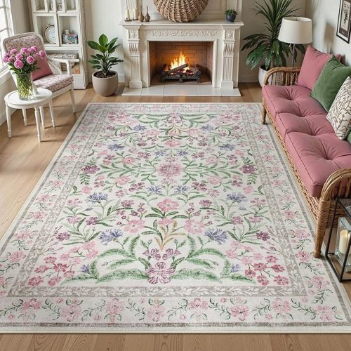 Wonnitar Boho Floral Area Rug 6x9, Washable Purple Rugs for Bedroom Girls, Non Slip Ultra-Thin Soft Indoor Baby Carpet for Nursery Dorm Kids Room Living Room, Light Purple/Pink
