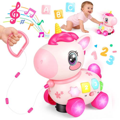 UQN Unicorn Musical Toys for 1 Year Old Girl Gifts, Bilingual Baby Toys 6-12-18 Months, 1st Birthday Girl Gift, Crawl & Pull & Learning Educational Toddler Toy with Light and Music