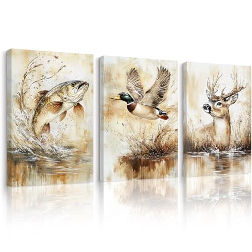 Vintage Animal Wall Art Baby Boy Room Canvas Wall Decor Farmhouse Animal Posters Kids Nursery Hunting Art Prints Rustic Deer Fish Pictures Mallard Duck Painting for Bedroom 12x16x3 Inch Ready to Hang