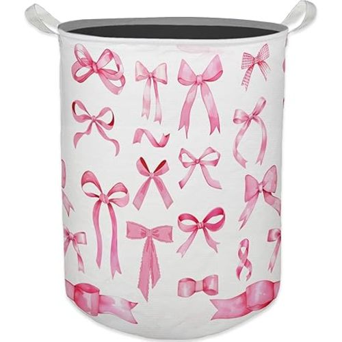 Coquette Pink Bow Girls Laundry Basket, Toybox for Girls Room, Pink Preppy Laundry Basket Hamper Waterproof Collapsible Clothes Toys Storage Bin Organizer for Girly Bedroom Dorm Bathroom