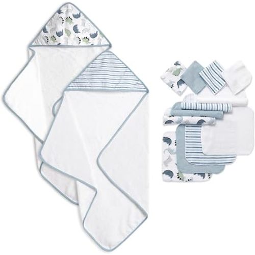 Dream On Me 14-Piece Baby Hooded Towel & Washcloth Set in Blue Dino Print