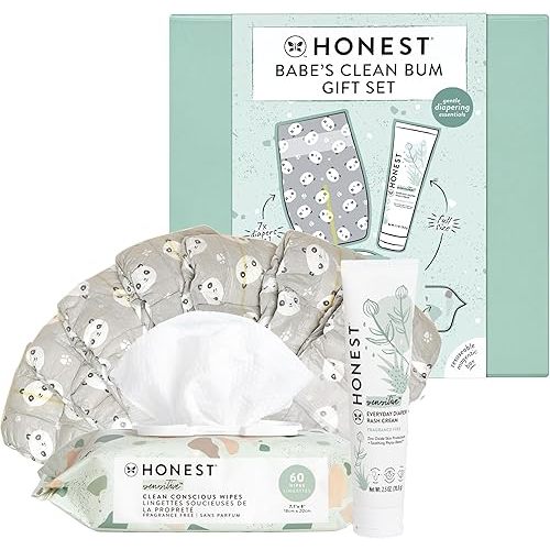 The Honest Company Babe's Clean Bum Gift Set, Diapering and Newborn Essentials 99% Water Wipes 60 ct Diaper Rash Cream 2.5 oz Conscious Diapers Size 1