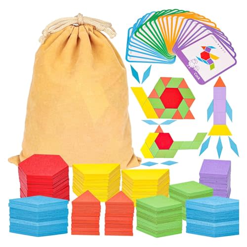 LovesTown 209 PCS Shapes Wooden Pattern Blocks for Kids, Geometric with Activity Cards and Storage Bag, Educational Tangram Puzzles,Great Learning Gift from Parents or Teachers