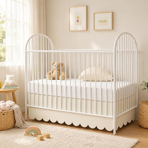 Hahafelt Scalloped Crib Skirt for Baby Girl Nursery, 28"x 52" with 14" Drop, 4-Sided Dust Ruffle, Soft Breathable Fabric, Elegant Nursery Decor, Fits Standard Crib, Beige