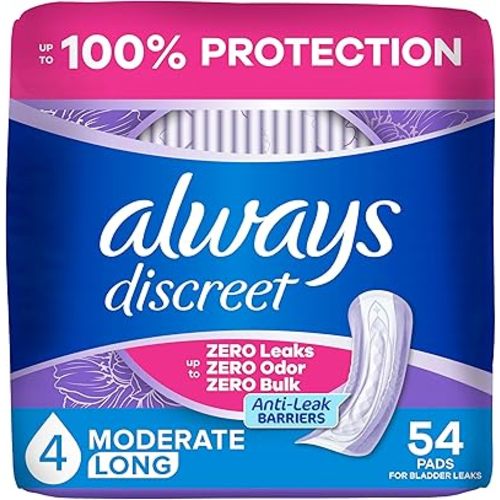Always Discreet Adult Incontinence Pads for Women, Drier, 4 Drop Long Length, Moderate Absorbency, Pads for Bladder Control Management, Bladder Leaks, & Postpartum Pads, 54ct