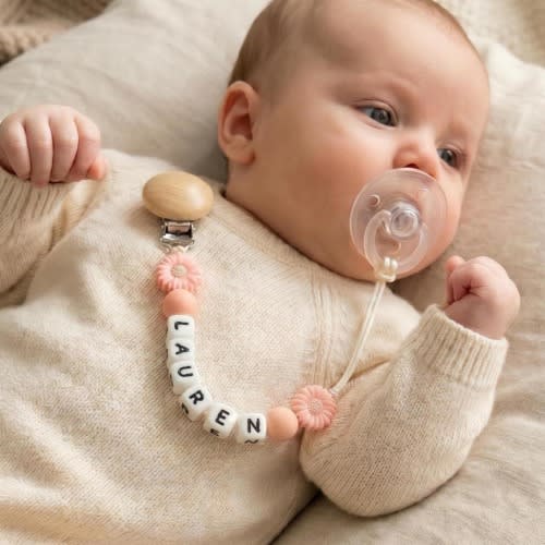 Personalized Daisy Pacifier Clip | Boho Silicone & Wood Dummy Holder | Binky Clip