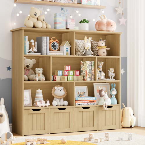 Homfa 7-Cube Kids Bookshelf, Geometric Design Bookcase, Storage Organizer with 4 Drawers