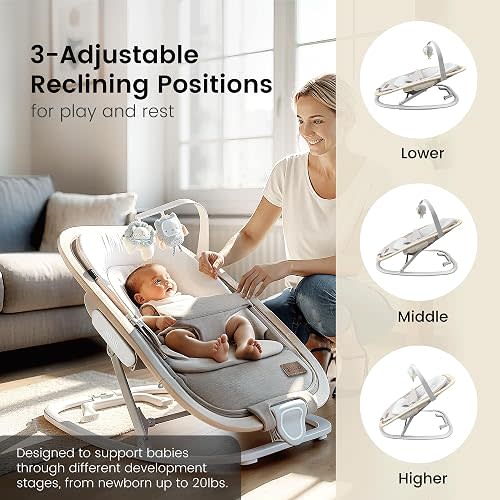 Qutanix 2-in-1 Baby Bouncer & Rocker,Portable Baby Bouncer Seat for Babies 0-9 Months, Baby Rocking Chair with 3 Reclining Positions,Wood Accents,Soft Newborn Insert - Beige