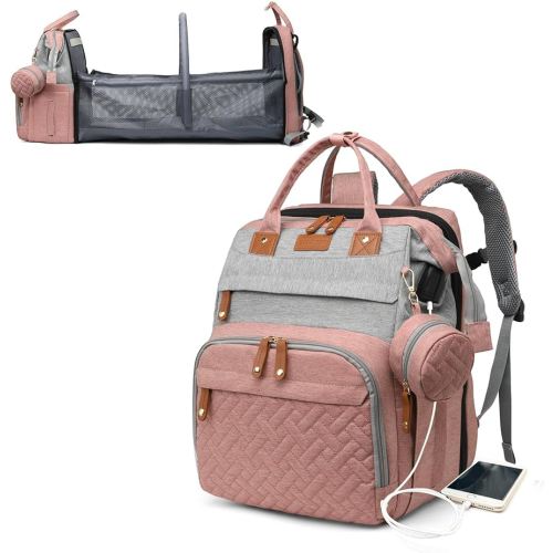 Baby Diaper Bags with Changing Station, Waterproof Diaper Bag Backpack for Moms Dads with USB Charging Port, Baby Shower Gifts, Large Capacity diaper backpack, Grey Pink