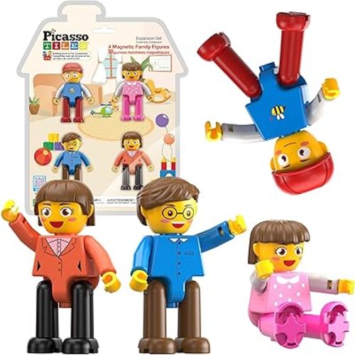 PicassoTiles 4pcs Magnetic Family Action Figures Toddler Magnet Toy Expansion Pack Educational Add-on STEM Learning Kit Toys Pretend Playset for Construction Building Block Tile for Kids Age 3+ PTA01