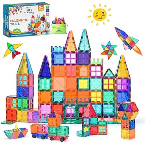100 Pc Magnetic Tiles Building Blocks Set for Kids Educational Magnet Toys for Preschool Learning, Creative Play Room Toys for Boys & Girls