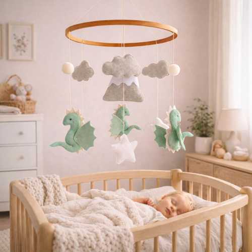 Felt Dragon Baby Mobile, Neutral Nursery Decor, Fantasy Crib Mobile, Handmade Fairytale Atmosphere