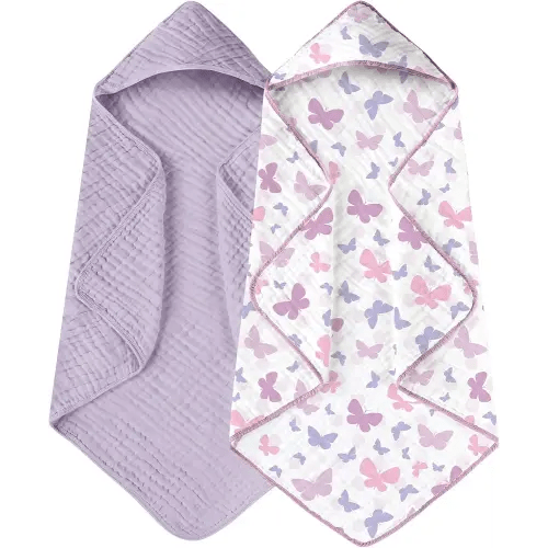 Yoofoss Hooded Baby Bath Towels 2 Pack 100% Muslin Organic Cotton with Hood