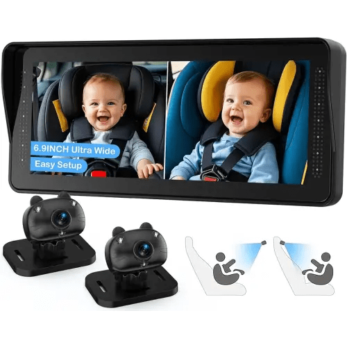 Dual Baby Car Camera for 2 Kids - 6.9” HD Display with Ambient Lighting, Rotatable Night Vision Cameras, Easy Setup, Ideal for Parents, Grandparents, Nannies, Safe & Clear Viewing