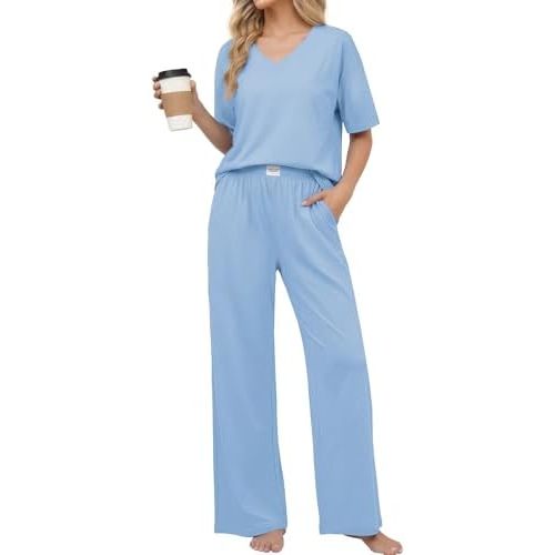 Ekouaer Womens Pajama Sets Cotton Short Sleeve Long Pants Lounge Set