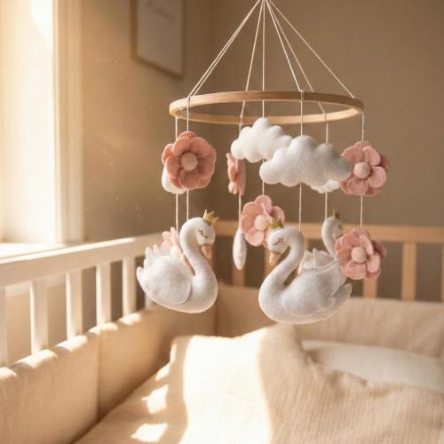 Felt Swan Baby Mobile, Pink Nursery Decor, Handmade Crib Mobile