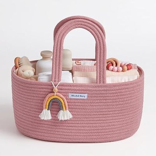 Blissful Diary Baby Diaper Caddy Organizer, Cotton Rope Diaper Caddy Basket, Oval Storage Basket, Gift for Baby Shower, Newborn Essentials, Pink