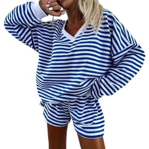 Melliflo Women 2 Piece Outfits Lounge Sets Striped Print Long Sleeve V Neck Sweatshirt and Shorts Set Sweatsuit