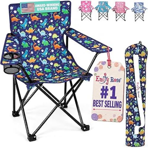 Emily Rose Playful Dinosaurs Kids Folding Camp Chair - Lightweight Portable Toddler Beach Chair Ages 2-7 with Safety Lock Cup Holder Carry Case 125 lb Capacity for Boys Girls Indoor Outdoor Adventures